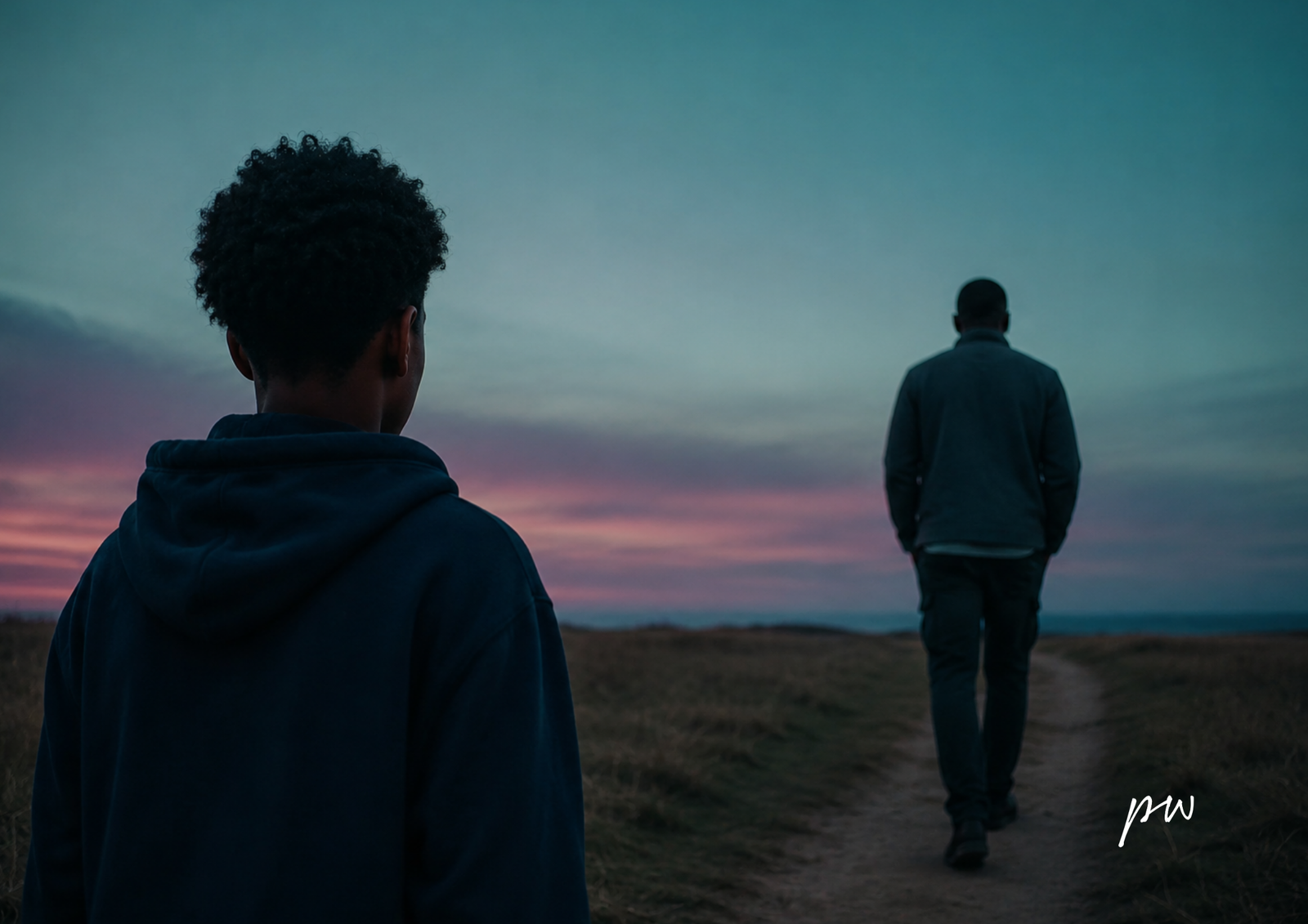 AI generated image of a young person at dusk standing watching an adult walk away along a narrow path across open countryside. The sky shifts from cool blue to soft pink, creating a cinematic scene that conveys emotional distance, uncertainty and unanswered questions.