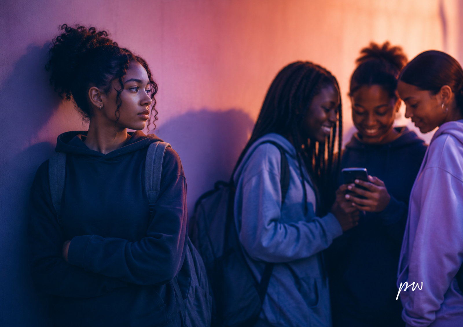 AI generated image of a Black teenage girl standing slightly apart from a group of classmates looking at a phone. She gazes away thoughtfully while warm coral light and cool blue shadows surround the scene, conveying a quiet moment of reflection about identity and belonging.