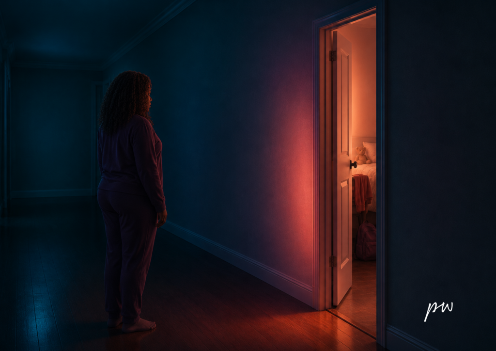 AI generated image viewed from behind, a Black mother stands several steps back from a slightly open bedroom door in a dark hallway. Warm coral light spills gently from the room, revealing only a glimpse of a neatly made bed, a school backpack and a teddy bear, while deep teal shadows surround her as she quietly gathers herself before entering.