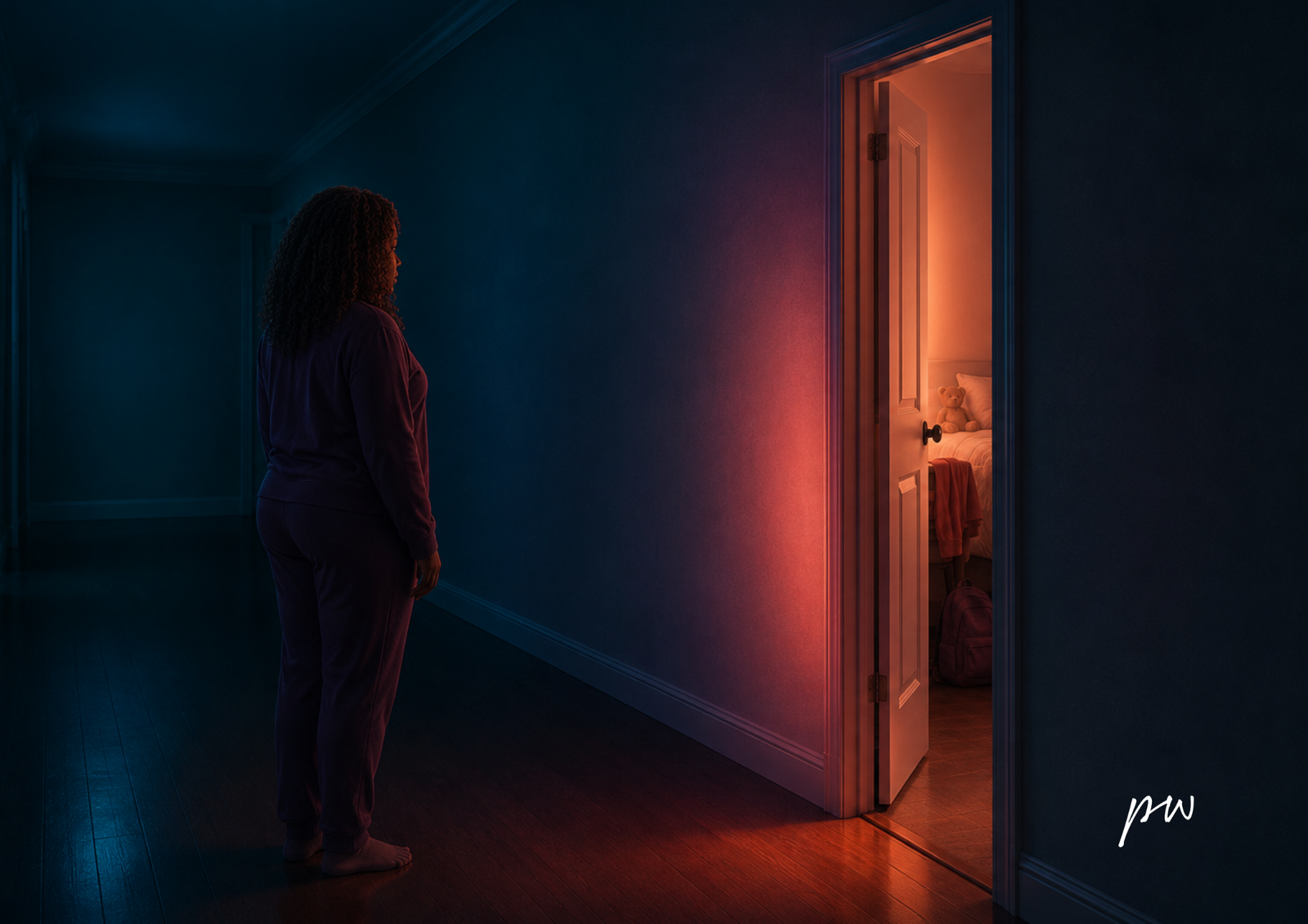 AI generated image viewed from behind, a Black mother stands several steps back from a slightly open bedroom door in a dark hallway. Warm coral light spills gently from the room, revealing only a glimpse of a neatly made bed, a school backpack and a teddy bear, while deep teal shadows surround her as she quietly gathers herself before entering.