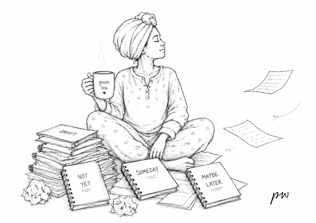 AI generated pencil sketch of a woman sitting cross-legged with a mug of green tea, surrounded by draft manuscripts, notebooks labelled "Not Yet", "Someday" and "Maybe Later", loose pages and crumpled paper, capturing a quiet moment in the creative process.