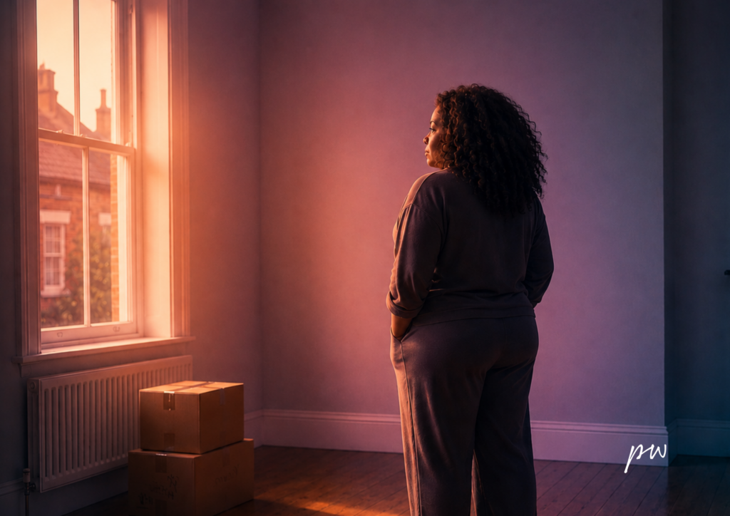 AI generated image of a tall Black woman stands quietly in an almost-empty room with wooden floors, facing a sunlit window. Two moving boxes rest nearby as warm coral light meets cool blue shadows, creating a reflective moment that suggests a new home for years of unseen creative work.