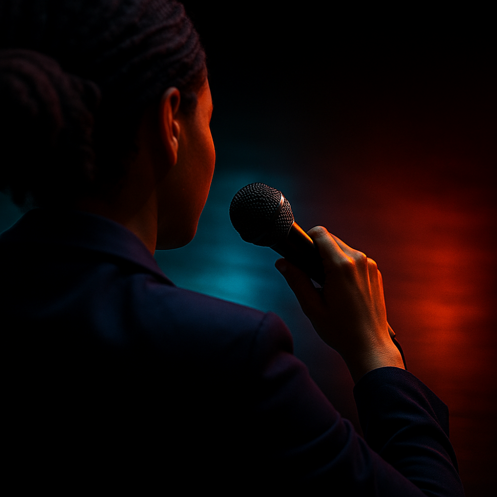 Over-the-shoulder view of a woman speaking into a microphone, lit by teal and red lighting against a dark background.