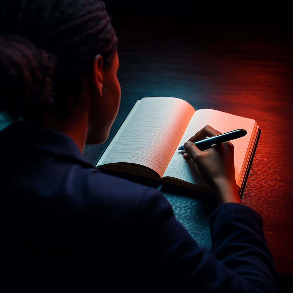 Over-the-shoulder view of a woman writing in an open notebook, lit by teal and red light.