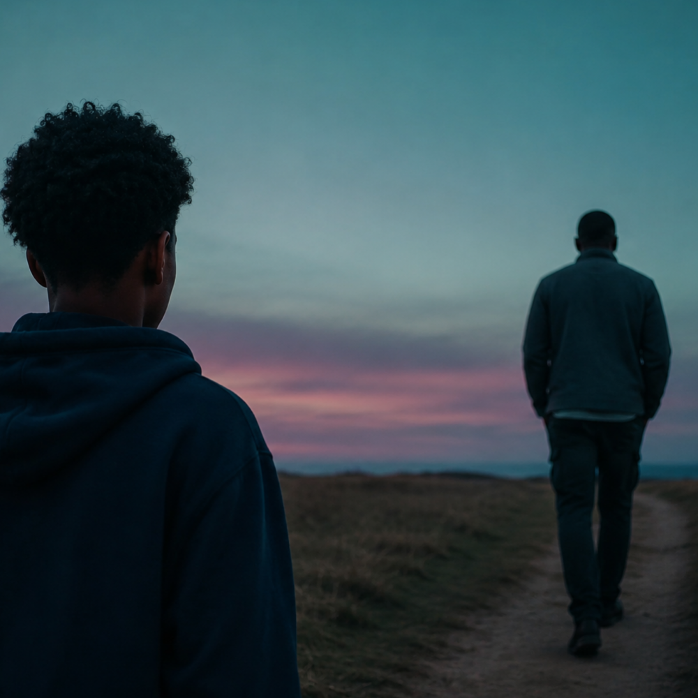 AI generated image of a young person at dusk standing watching an adult walk away along a narrow path across open countryside. The sky shifts from cool blue to soft pink, creating a cinematic scene that conveys emotional distance, uncertainty and unanswered questions.